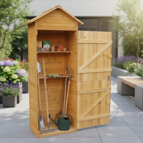 Mucola Gerätehaus mit 2 integrierten Regalböden 79x49x190 cm Geräteschuppen Gartenschrank aus Holz Geräteschrank Gartenhaus Gartengerätehaus