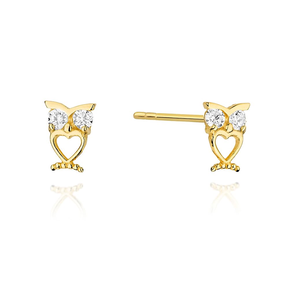 Orecchini per bambini in oro giallo 333 (8 carati) a forma di gufo con zirconi e cuore, ideali come regalo per comunione e battesimo