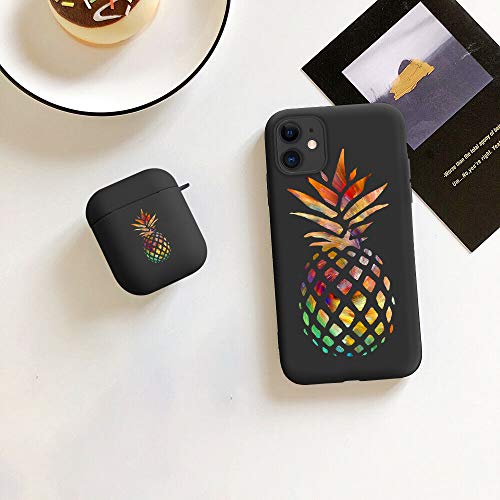 Joyland Case For Airpods 2 + Iphone 11 Cover Skins Set Cartoon Lovely Fruit Pineapple Pattern Matte Airpods Shock Proof Protective Resistant Cases For Iphone Airpods 1 & 2(Black) #TOP1