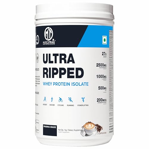 Image of MuscleTrail Pharma Grade Ultra Ripped Whey Protein Isolate - 27g Protein, L-Carnitine & CLA for Muscle Growth, Strength & Recovery - Premium Protein for Men & Women - Cappuccino Flavor, 1kg