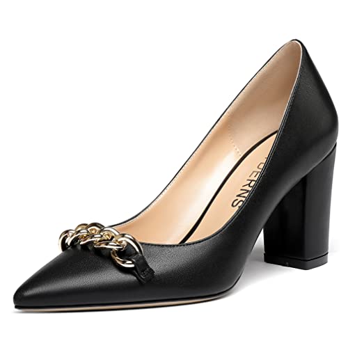 WAYDERNS Women's Gold Metal Chain Matte Slip On Pointed Toe Block High Heel Pumps Shoes 3.5 Inch
