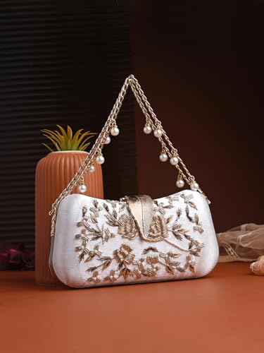 Image of TOOBA Handicraft Women's Beautiful Bling Box Clutch Bag | Evening Bag, Bridal Purse & Party Handbag | Wedding & Special Occasion Clutch (Flower Leaf)
