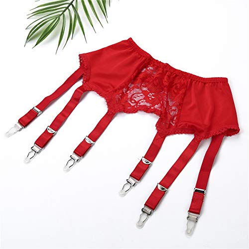 Womens Sexy Lace Mesh Garter Belt with 6 Adjustable Straps for Stockings Lingerie Red XXL