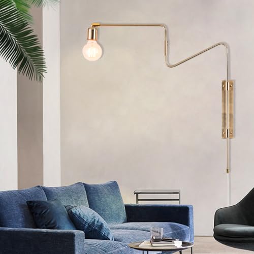 Image of Brass Plug in Wall Sconce Set of 2, Modern Swing Arms Plug-in Bedroom Living Room Wall Lamp Industrial Adjustable Wall Sconces Lighting