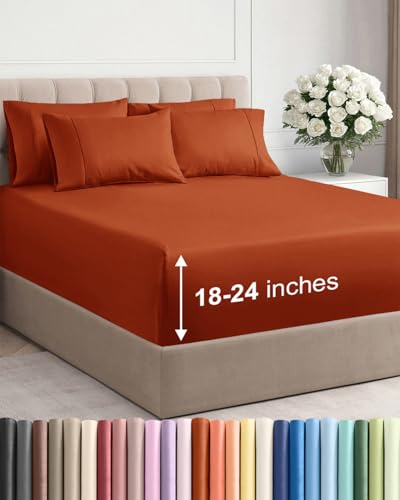 Image of Extra Deep Cal King Sheet Set - 6 Piece Breathable & Cooling - Terracotta | Hotel Luxury Bed Sheets Set, Easy & Secure Fit, Ultra-Soft, Wrinkle & Fade Free, Comfy Sheets Set with Extra Deep Pockets