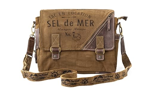 3B-Vintage Print Sel De Mer Upcycled Military Leather Canvas Shoulder Bag Laptop Messenger Bags Medium Crossbody 2 Straps