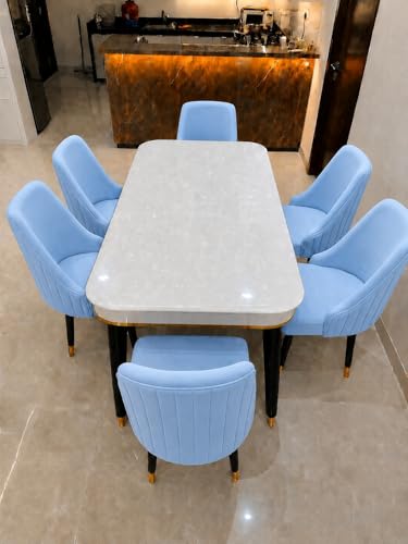 Image of WOODEN SPACE 6-Seater Wooden Dining Table Set | Nano Composite Marble Top | Solid Wood Base | Modern Dining Room Furniture with 6 Chairs (Sky Blue Infinity Backline)