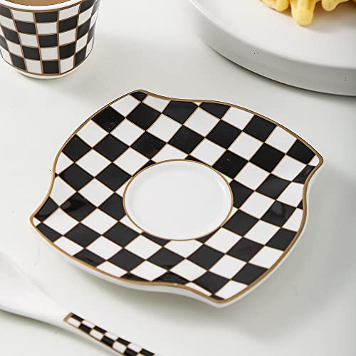 Porlien Checker Porcelain 2-Ounce Espresso Cups And Saucers Set Of 6, Demitasse Cups And Saucers For Teatime thumb #5