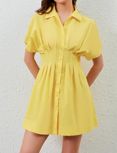 Image of Women Summer Short Sleeve Button Front Pleated Shirt Dress Striped Collar V Neck Casual Y2k Swing Short Mini Dress