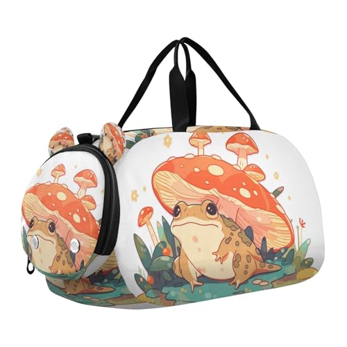 Duffle Bag for Boys or Girls with Shoes Compartment, Frog under Mushroom Sports Travel Bag Overnight