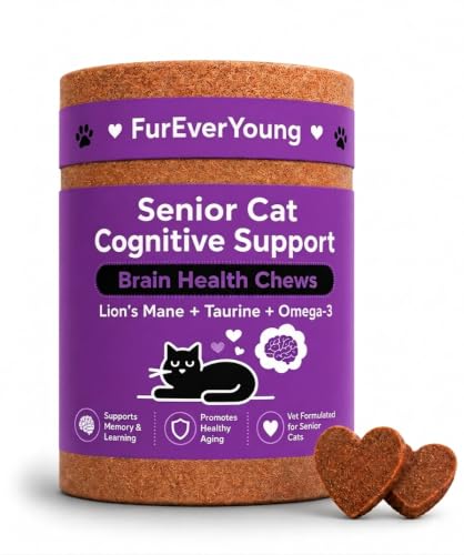 Senior Cat Cognitive Support Supplement - Brain, Memory & Heart Health Chews with Lion's Mane...