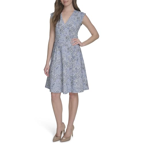 Image of Tommy Hilfiger Women's V Neck All Over Columbier Print Fit and Flare Dress