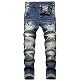 JUNBAOSS Men's Biker Moto Washed Distressed Slim Fit Straight Jeans Mens Stretchy Ripped Skinny Jeans Men Ripped Holes Taped Denim Pants