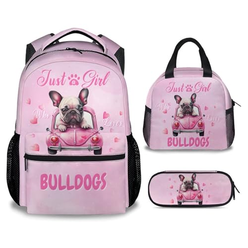 UNIKITTY Kids Backpack with Lunch Box - School Bags for Girls - French Bulldog Backpack for Dog Lovers - 17 Inch Toddler Schoolbag with Pencil Case