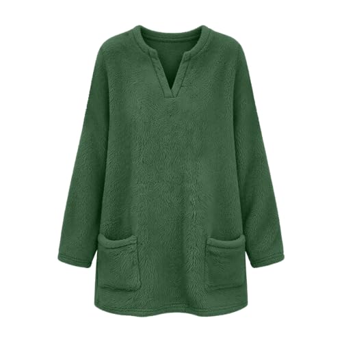 Fleece Sweatshirts For Women V Neck Long Fuzzy Sherpa Sweaters Army Green - image 5