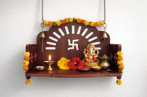 Image of Wooden Pooja Mandir for Home & Office - Mini Pooja Stand for Wall Hanging | Small Wood Temple for Desk & Shelf | Compact Devghar for Home Wall Mounted & Tabletop (8.5 x 6 x 5.5 Inch, Brown)