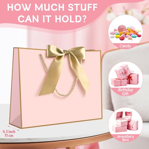 Image of JMANNI Pink Gift Bags with Handles, 13 inch Medium Gift Bag for Presents, 2 Pcs Bags with 4 Tissue Paper and 2 Cards for Baby Shower Wedding Bridal Shower Mother's Day Birthday Party (Pink-gold)