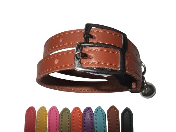 Cat Collar 2 pack set Real Leather Elasicated Safety Elastic bell, Pair Choose colours (Brown and Brown)
