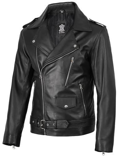 Image of fjackets Men's Biker Leather Jacket - Real Lambskin Leather Motor Style Jacket for Men - Asymmetrical Zip Jacket