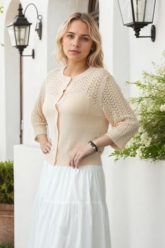 Image of Women's Lightweight Crochet Cardigan Sweater Open Front Knit Lace-Up Cover Up Casual Spring Fall Chic Outerwear Tops 23 Apricot M