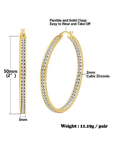 Large Gold Stainless Steel Hoop Earrings For Women, Big Cubic Zirconia Hoops Earring Arskro Hypoallergenic Huge Rhinestone Crystal Basketball 50Mm 2 Inch Ear Ring Jewelry Gifts For Women Girls Sensitive Ears 2" #TOP5