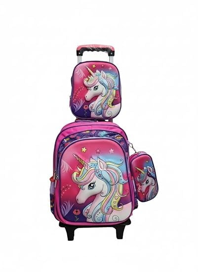 Image of Kids 17 Inch School Backpack Combo Set - Lunch Box Bag & Stationery Pouch | Trolley Bag with 2 Wheels | Durable Polyester Carry-on Travel & School Bag for Boys (Pink 2)