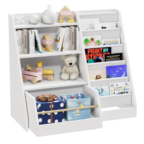 NACHES 4 Tier Kids Bookshelf with Movable Drawer and 5 Sling Pock...