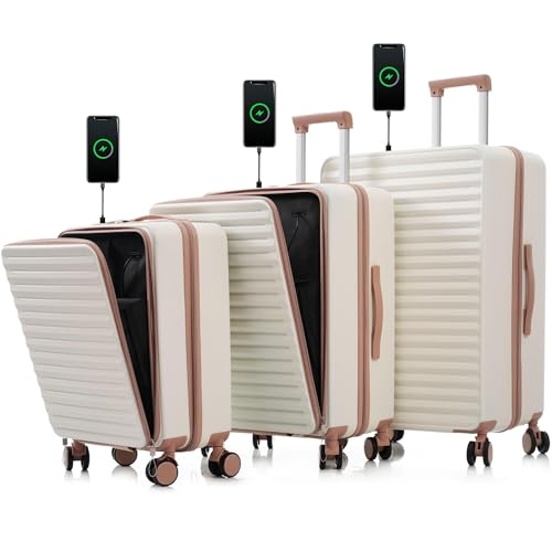3-Piece Milky White Hard Shell Luggage Set with USB Port & Front Pocket for Travel