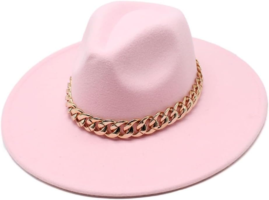 Wide Brim Wool Fedora Hat with Chain Band, Beige, Gold Accent, Classic Style