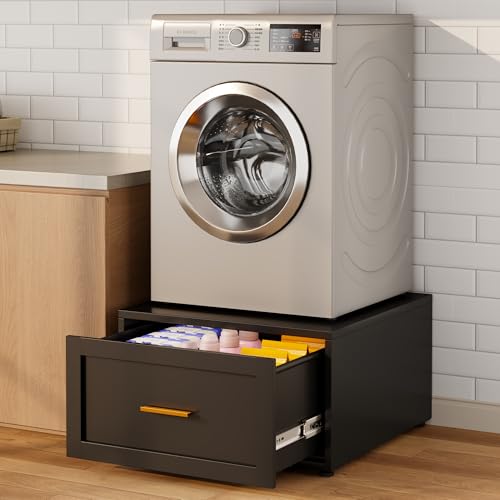 Fogqueen 28W x 28D x 16H Metal Washer and Dryer Pedestals 500LBS Heavy Duty Washer Pedestal & Dryer Stand with Storage Drawer Universal Laundry Pedestal with Anti-Vibration Pads (BLACK 1 PACK)