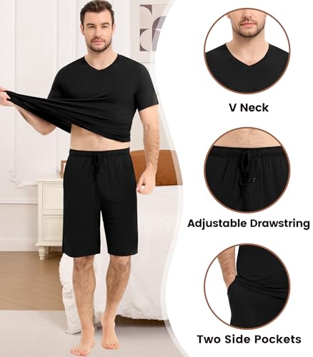 Image of NACHILA Men's Pajamas-Viscose Made from Bamboo, Short Sleeve Top with Shorts Pjs Set V Neck Sleepwear Cool Loungewear
