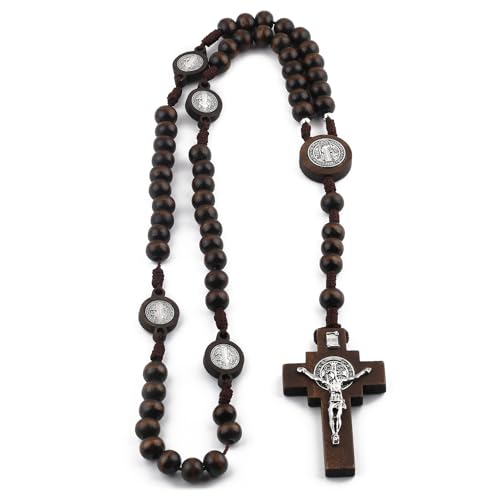 Saint Benedict Wooden Rosary, Dark Brown with Crucifix and Velvet Pouch4