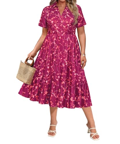 Image of CARCOS Plus Size Dresses for Curvy Women Collared Vneck Short Sleeve Dresses Midi Summer Ruffle Dress with Pocket XL-5XL