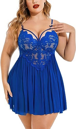 Image of Plus Size Lingerie Lace Babydoll Womens Strap Chemise Nightgown V Neck Nighty Mesh Sleepwear Side Slit Nightdress with G-Sting Panty