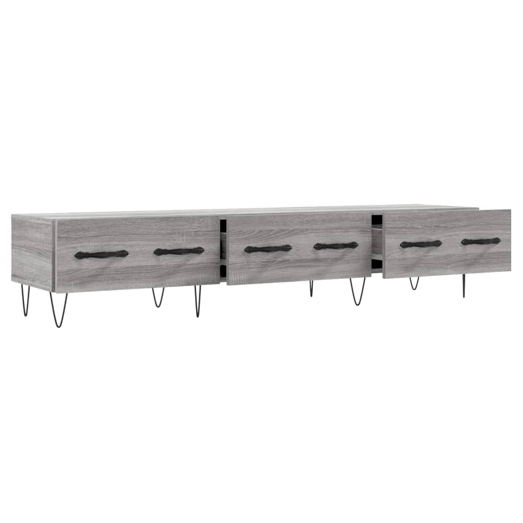 Szafka pod telewizor Sonoma szara z materiału drewnopochodnego 150 x 36 x 30 cm z żelaznymi nogami, 3 szuflady, niska szafka do salonu, gier, kina domowego, schowek, zarządzanie kablami