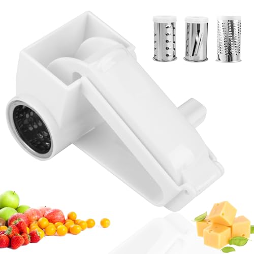 Jasfyee Cheese Grater, White Stainless Steel 430+Abs Rotary Cheese Grater Has 3 Different Drum Graters Suitable for Cheese, Nuts, Vegetables, Chocolate