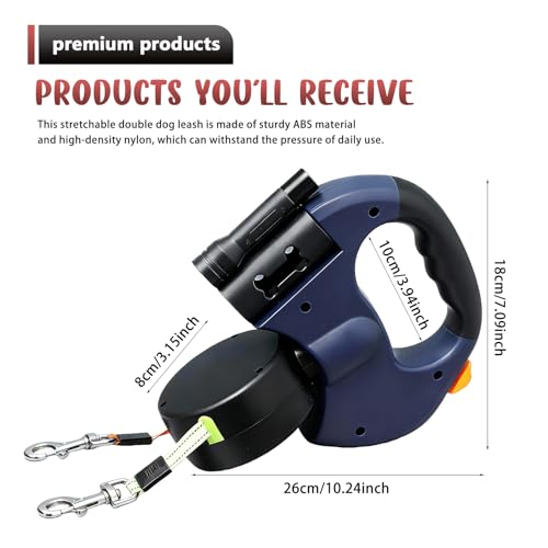 BAIFULAI Einziehbare Hundeleine für 2 Hunde, 3m Doppelleine für 2 Hunde mit Licht, Anti Rutsch Griff, ausziehbar, Rollleine Leine für Kleine Und Mittelgroße Hund (Blau)