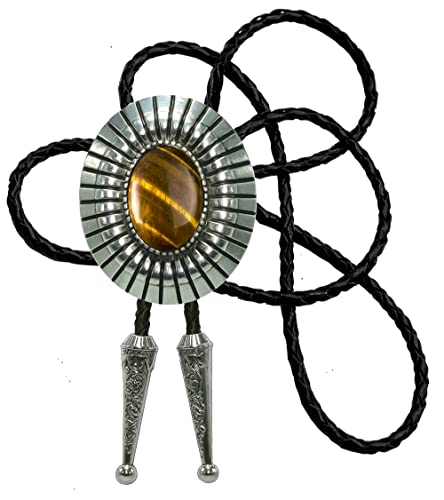 Image of Moranse Bolo Tie with Natural Tiger Eye Stone Celtic Style Genuine and Cowhide Rope