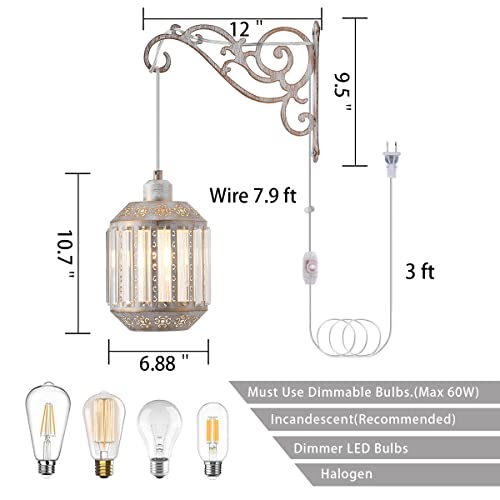 Image of Boho White Lantern Wall Lights with Plug in Cord, Farmhouse Rustic Wall Sconces Plug in Hanging Lamps for Bedside Bedrooms Living Room 2PK