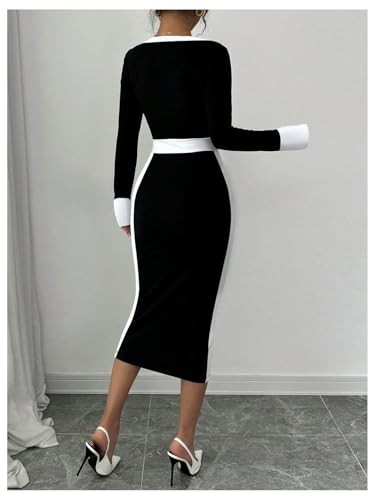 SOLY HUX Women's Long Sleeve Square Neck Bodycon Elegant Midi Dress Pencil Cocktail Party Dresses2