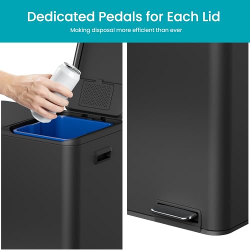 Image of Home Zone Living 16 Gallon Kitchen Trash Can with Dual Compartments for Recycling, Stainless Steel, Matte Black, 60 Liters Total