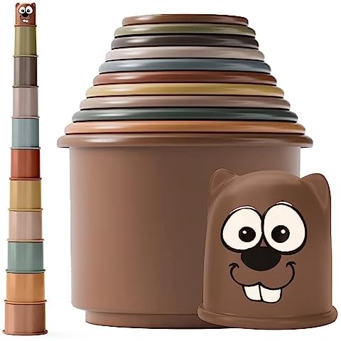 KIDSTHRILL Set Brown-Theme Modern Design 11 Stacking Cups Baby Toys for Boys & Girls, Drain Holes for Baby Bath Toys Pool Toys and for Beach Sand Toys Cover