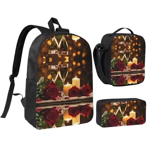Sac à dos 3 en 1 noir 43,2 cm motif romantique rose avec trousse et sac repas