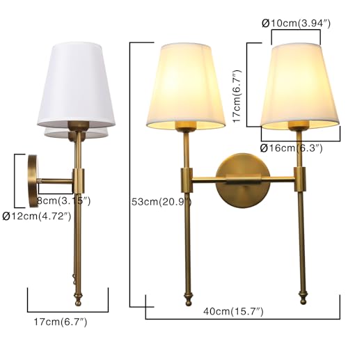 Image of PERMO Classic Rustic Double Sconce Large 2-Lights Wall Sconce with Flared White Textile Lamp Shade and Antique Brass Finished Long Arm, Wall Sconce Light Fixture for Living Room Bathroom Bedroom