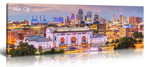 Image of Kansas City Skyline Wall Art Canvas Prints, Framed, 13.8 inchx45.3 inch | Cityscape USA City Building, Panoramic Night View, Modern Home Office Living Room Decoration