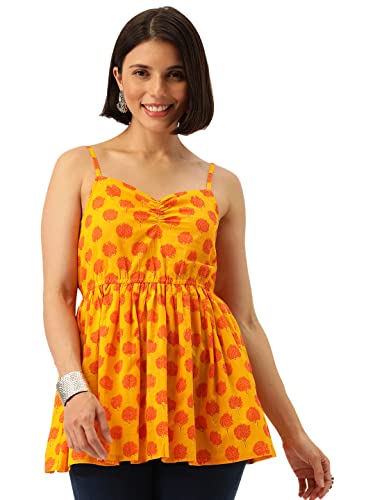Image of FABRIC FITOOR Cotton Yellow & Orange Floral Print Strapped Peplum Top Girls /Women's /Ladies