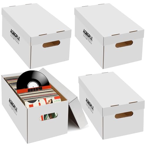 AOBOPLE 4 Pack Vinyl 45 Record Box Cardboard 7 inch Vinyl Record Storage Boxes with Lid and Handle Holds up to 75 7 Records Each 7.48 x 7.87 x 15.83 Inches (4 Pack)