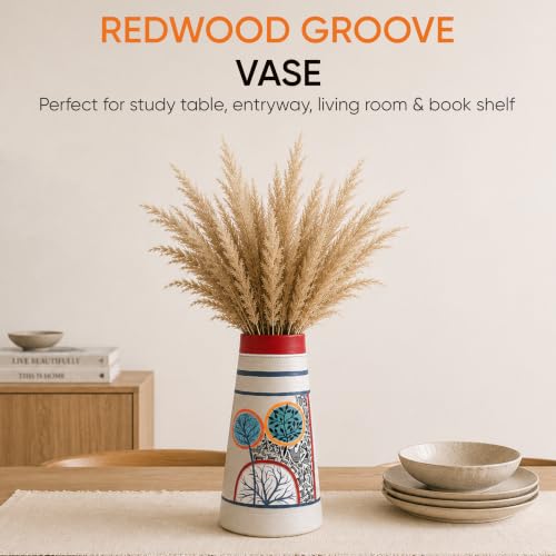 Image of Aakriti Art Creations Redwood Groove Terracotta Pyramid Vase | Hand-Painted Warli Art Multicolor| Matte Finish Decorative for Living Room, Table & Floor Decor