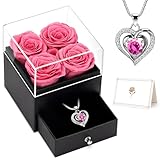 LACCHOUFEE Birthday Gifts for Women, Preserved Flowers 4 Rose Gift for Mom Wife Girlfriend, Jewelry Box with Necklace, Forever Rose for Mothers, Valentine, Anniversary, Christmas Day Gift (Pink)
