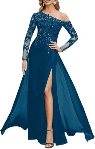 Mother of The Bride Dresses for Wedding Mermaid Chiffon Lace Sequin Formal Evening Dress with Slit